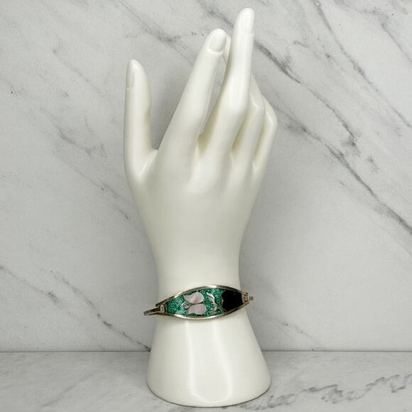 Vintage Alpaca Mexico Mother of Pearl Shell Flower Inlay Bangle - Picture 4 of 9